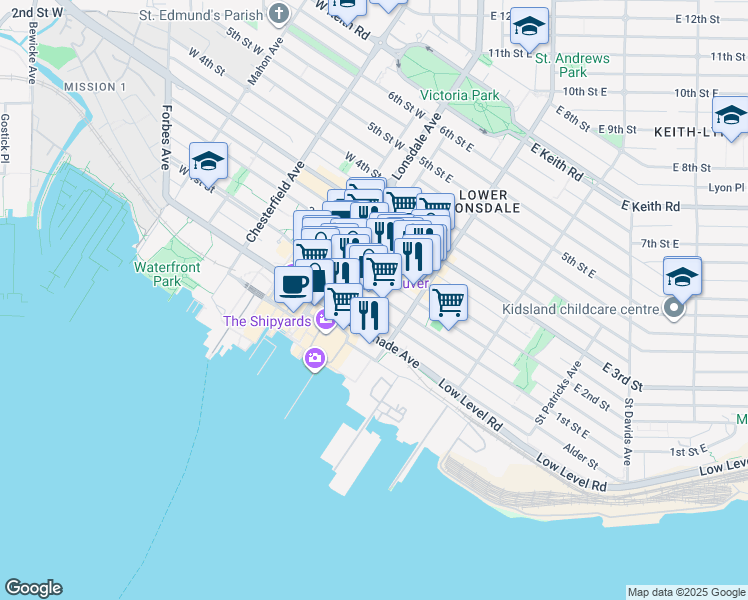 map of restaurants, bars, coffee shops, grocery stores, and more near in North Vancouver