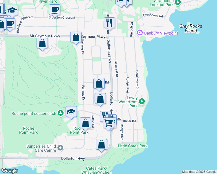 map of restaurants, bars, coffee shops, grocery stores, and more near 677 Dollarton Highway North in North Vancouver