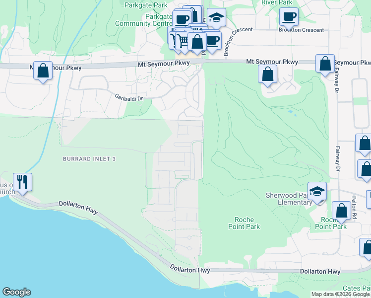 map of restaurants, bars, coffee shops, grocery stores, and more near 602 Lile Drive in Burrard Inlet 3