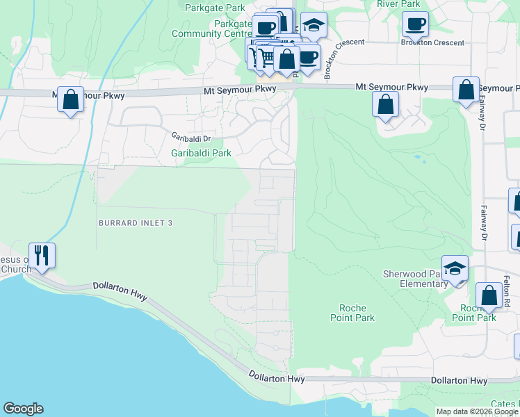 map of restaurants, bars, coffee shops, grocery stores, and more near 602 Lile Drive in Burrard Inlet 3