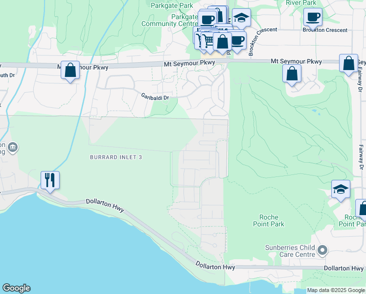 map of restaurants, bars, coffee shops, grocery stores, and more near 3594 Malsum Drive in Metro Vancouver