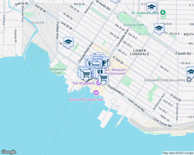 map of restaurants, bars, coffee shops, grocery stores, and more near in North Vancouver