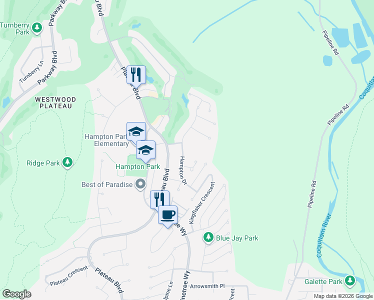 map of restaurants, bars, coffee shops, grocery stores, and more near 1729 Hampton Drive in Coquitlam