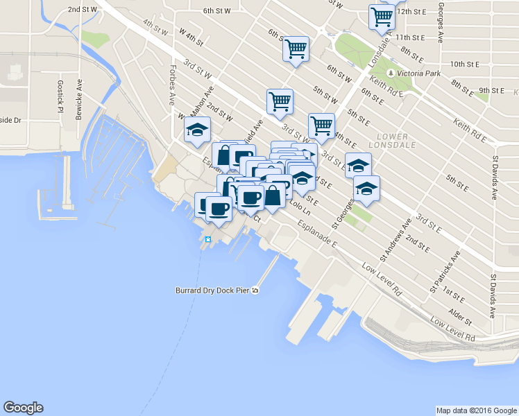 map of restaurants, bars, coffee shops, grocery stores, and more near 119 Esplanade West in North Vancouver