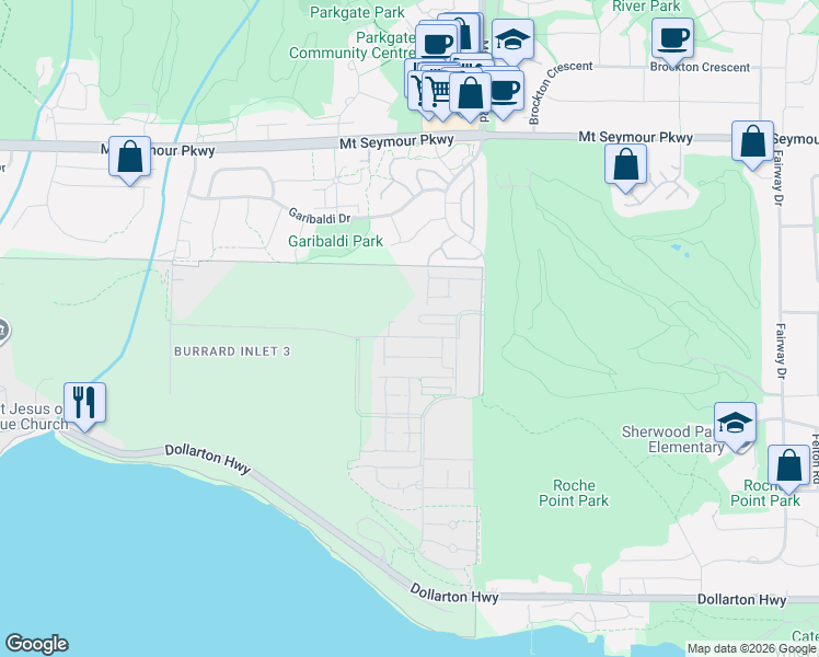 map of restaurants, bars, coffee shops, grocery stores, and more near 3594 Malsum Drive in Metro Vancouver