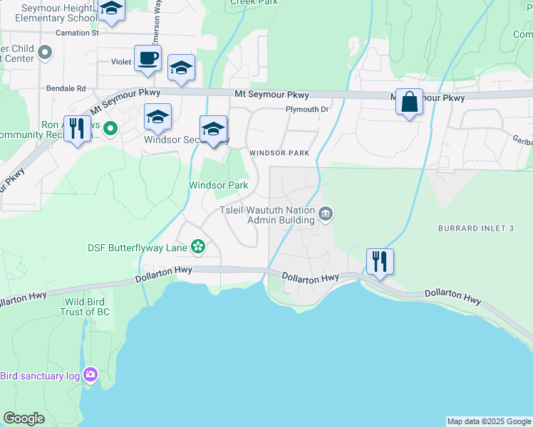 map of restaurants, bars, coffee shops, grocery stores, and more near 2984 Exmouth Road in North Vancouver