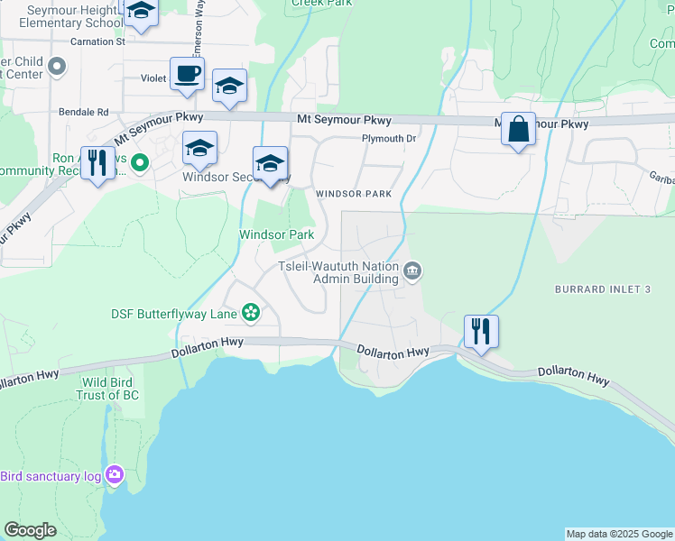 map of restaurants, bars, coffee shops, grocery stores, and more near 3020 Takaya Drive in North Vancouver