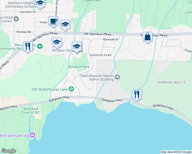 map of restaurants, bars, coffee shops, grocery stores, and more near 2984 Exmouth Road in North Vancouver