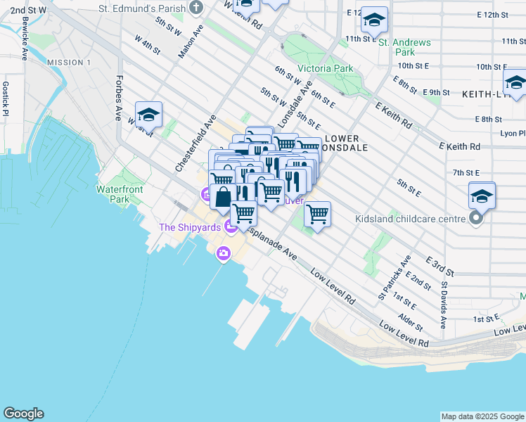 map of restaurants, bars, coffee shops, grocery stores, and more near 147 1st Street East in North Vancouver