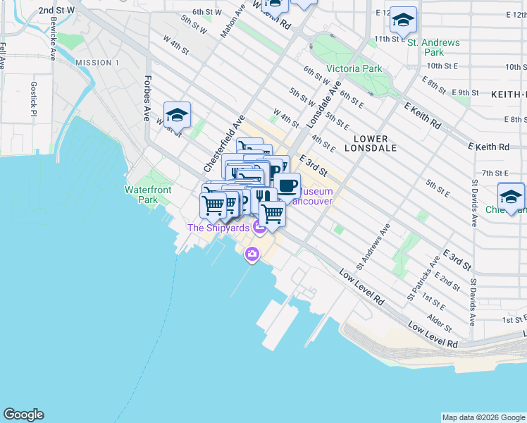 map of restaurants, bars, coffee shops, grocery stores, and more near 100 East Esplanade in North Vancouver
