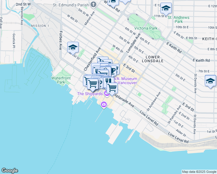 map of restaurants, bars, coffee shops, grocery stores, and more near 100 Esplanade East in North Vancouver