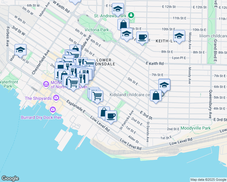map of restaurants, bars, coffee shops, grocery stores, and more near 307 Saint Andrews Avenue in North Vancouver