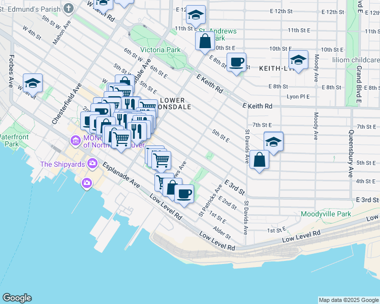 map of restaurants, bars, coffee shops, grocery stores, and more near 311 Saint Andrews Avenue in North Vancouver