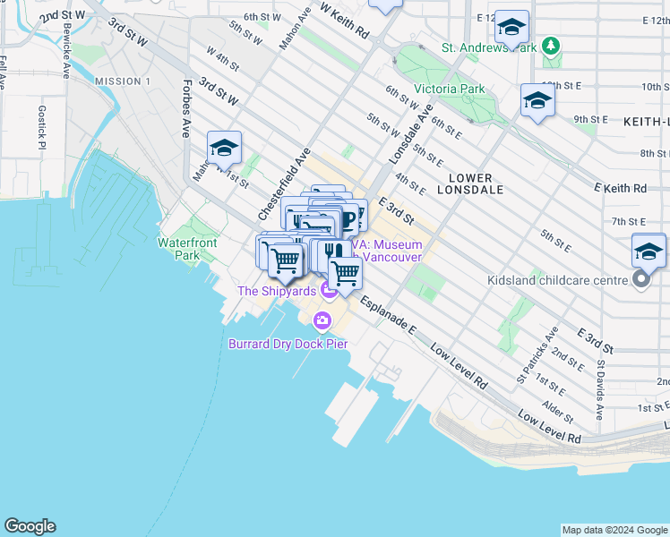 map of restaurants, bars, coffee shops, grocery stores, and more near in North Vancouver