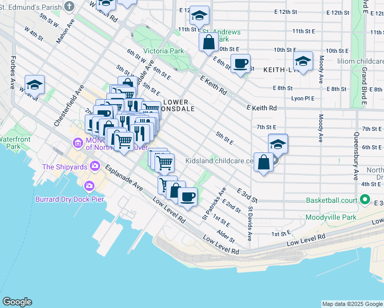 map of restaurants, bars, coffee shops, grocery stores, and more near 307 Saint Andrews Avenue in North Vancouver