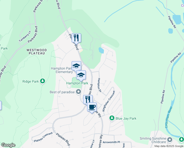 map of restaurants, bars, coffee shops, grocery stores, and more near 1876 Hampton Gate in Coquitlam