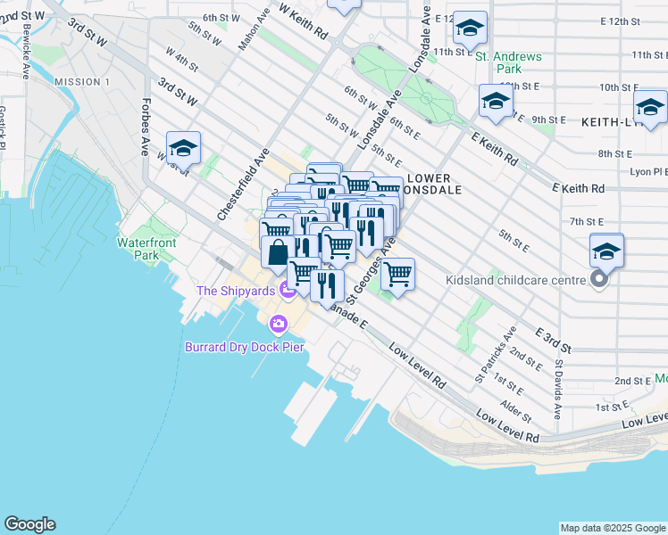 map of restaurants, bars, coffee shops, grocery stores, and more near 147 1st Street East in North Vancouver