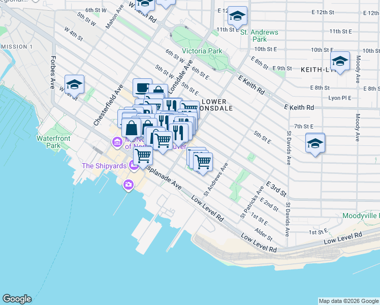 map of restaurants, bars, coffee shops, grocery stores, and more near in Vancouver