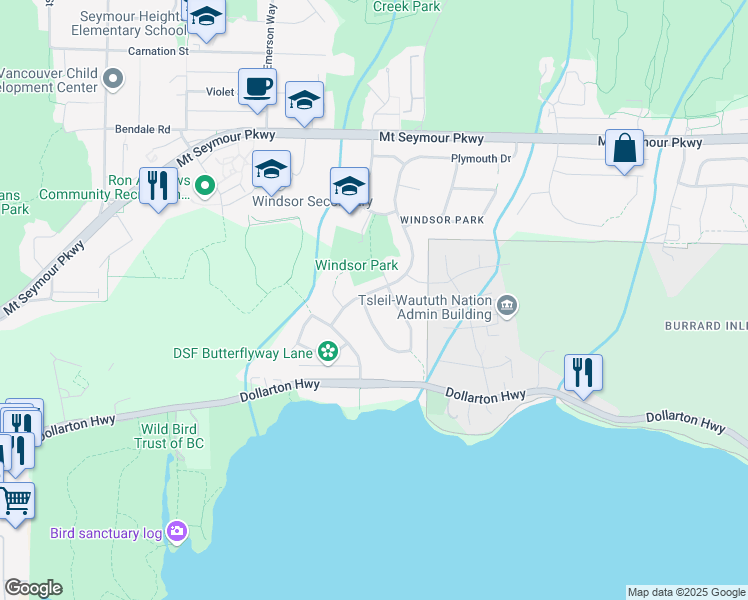 map of restaurants, bars, coffee shops, grocery stores, and more near 650 Plymouth Drive in North Vancouver