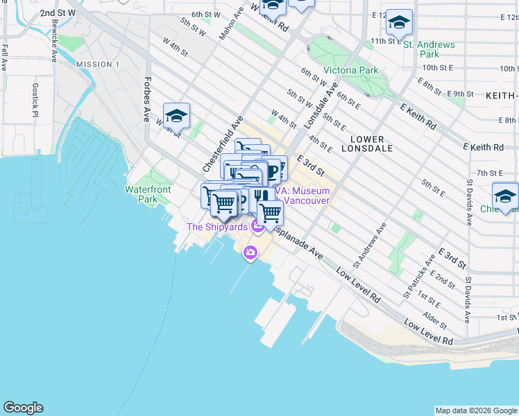 map of restaurants, bars, coffee shops, grocery stores, and more near 100 Esplanade Avenue in North Vancouver