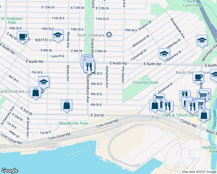 map of restaurants, bars, coffee shops, grocery stores, and more near 550 Sutherland Avenue in North Vancouver