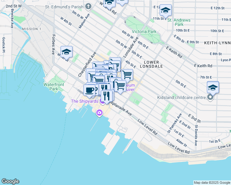 map of restaurants, bars, coffee shops, grocery stores, and more near 137 1st Street East in North Vancouver