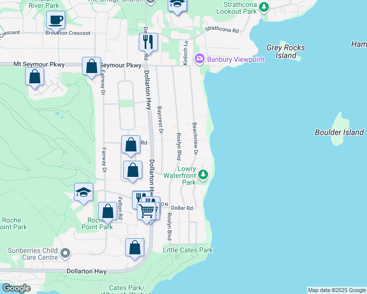 map of restaurants, bars, coffee shops, grocery stores, and more near 682 Roslyn Boulevard in North Vancouver