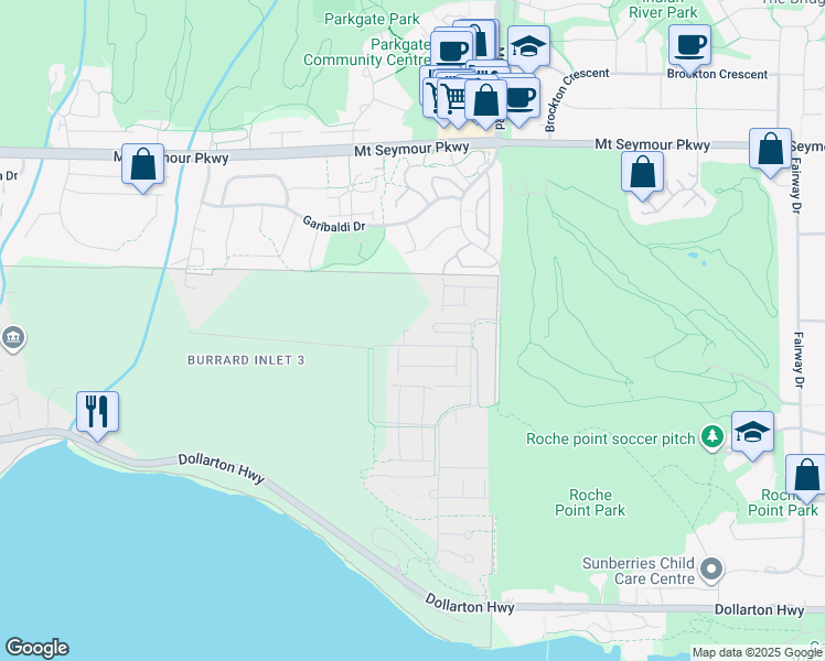 map of restaurants, bars, coffee shops, grocery stores, and more near in North Vancouver