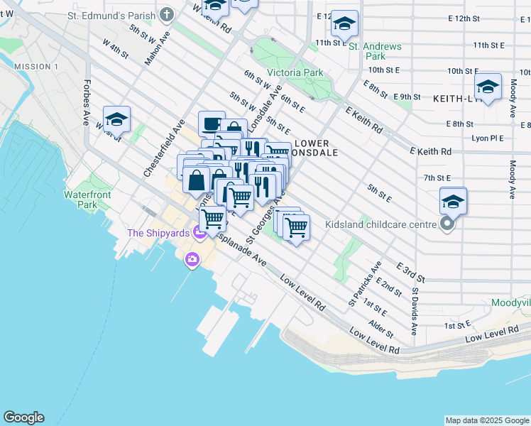 map of restaurants, bars, coffee shops, grocery stores, and more near 176 East 2nd Street in North Vancouver