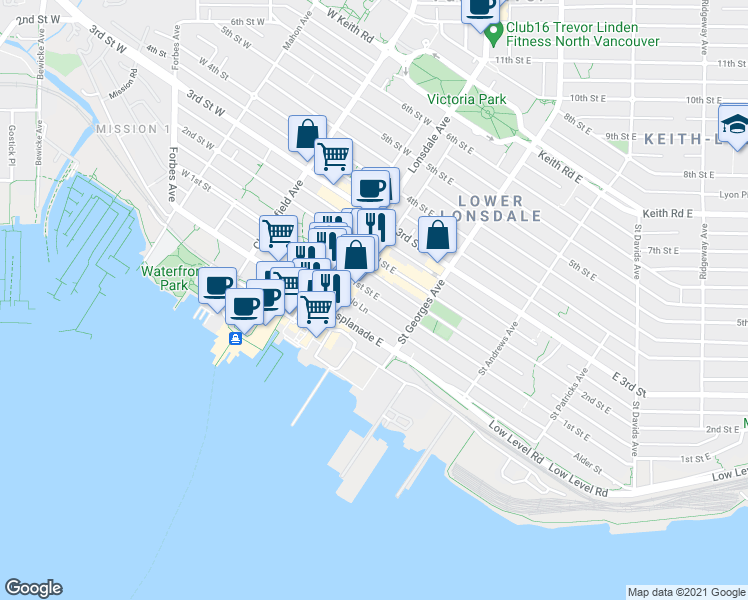 map of restaurants, bars, coffee shops, grocery stores, and more near in North Vancouver