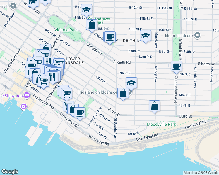 map of restaurants, bars, coffee shops, grocery stores, and more near 369 5th Street East in North Vancouver
