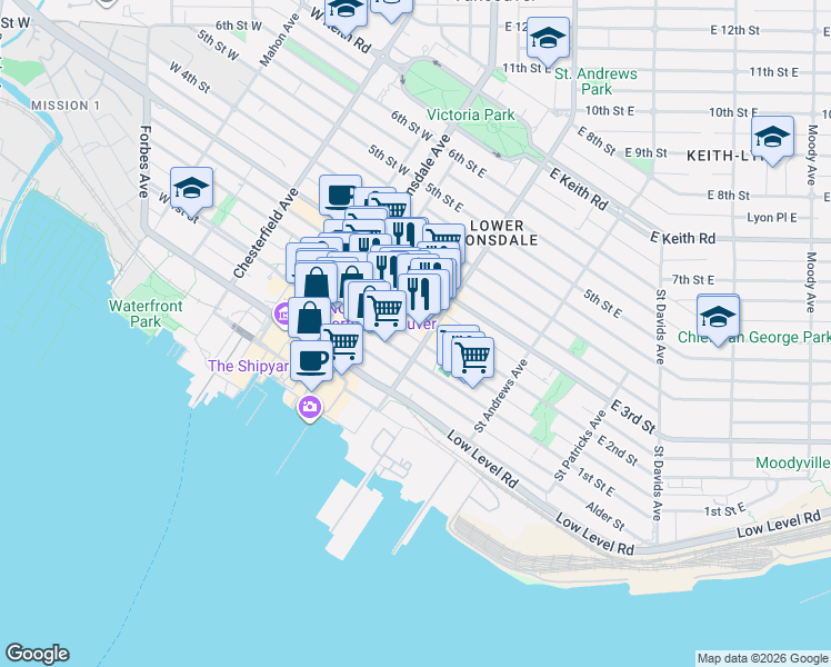 map of restaurants, bars, coffee shops, grocery stores, and more near 145 Saint Georges Avenue in North Vancouver