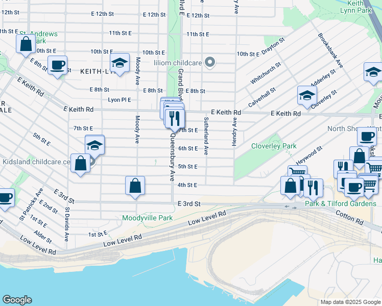 map of restaurants, bars, coffee shops, grocery stores, and more near 733 6th Street East in North Vancouver