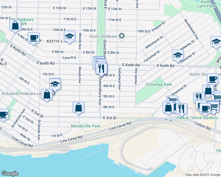 map of restaurants, bars, coffee shops, grocery stores, and more near 733 6th Street East in North Vancouver