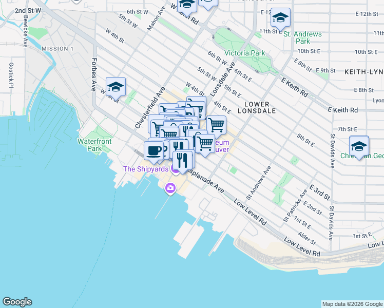 map of restaurants, bars, coffee shops, grocery stores, and more near in North Vancouver