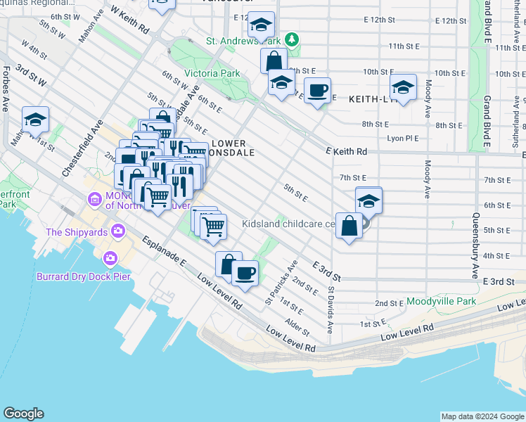 map of restaurants, bars, coffee shops, grocery stores, and more near 350 Saint Andrews Avenue in North Vancouver