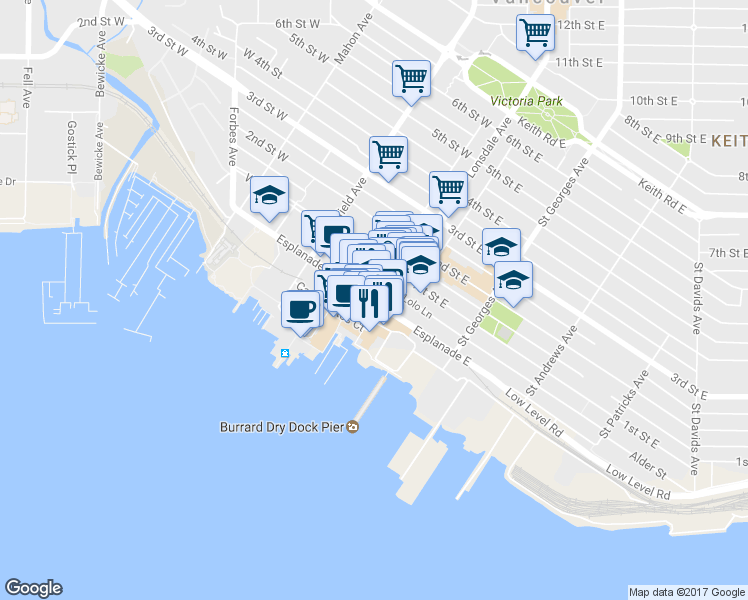 map of restaurants, bars, coffee shops, grocery stores, and more near 309 Esplanade Avenue in North Vancouver