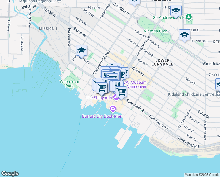 map of restaurants, bars, coffee shops, grocery stores, and more near 108 Esplanade West in North Vancouver