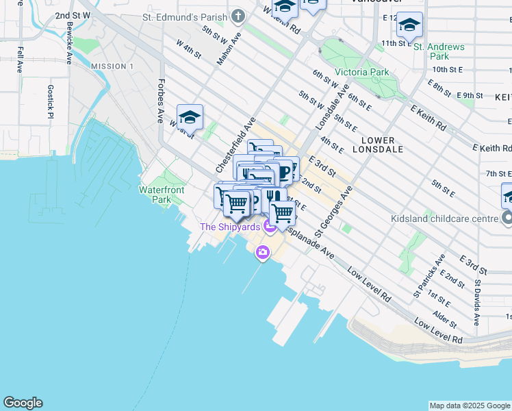 map of restaurants, bars, coffee shops, grocery stores, and more near 108 Esplanade West in North Vancouver
