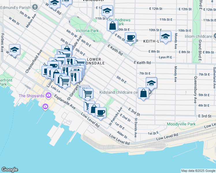 map of restaurants, bars, coffee shops, grocery stores, and more near 350 Saint Andrews Avenue in North Vancouver
