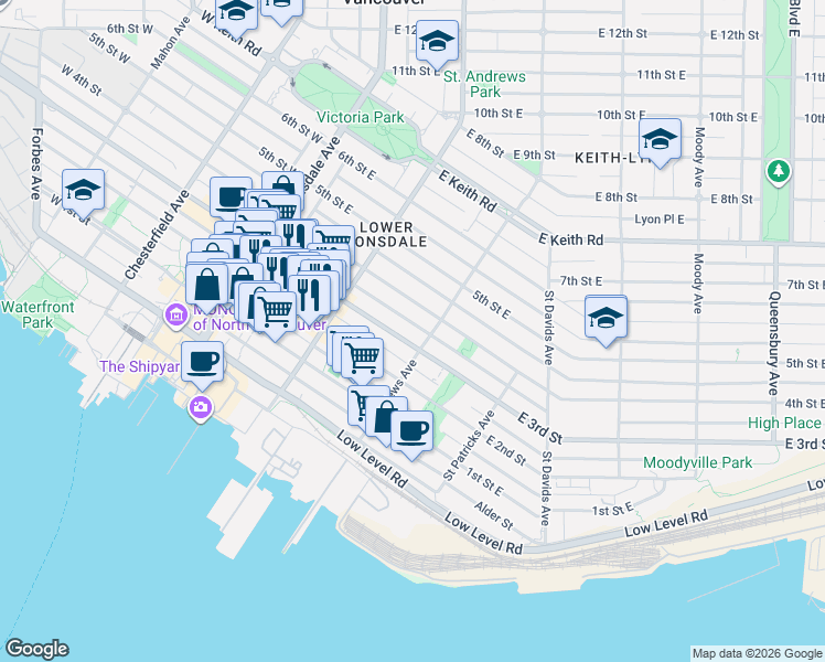 map of restaurants, bars, coffee shops, grocery stores, and more near 270 East 3rd Street in North Vancouver