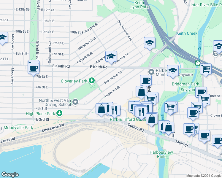 map of restaurants, bars, coffee shops, grocery stores, and more near 1124 Heywood Street in North Vancouver