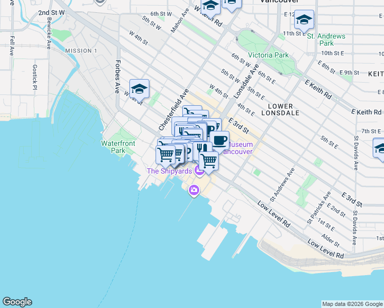 map of restaurants, bars, coffee shops, grocery stores, and more near 106 Esplanade West in North Vancouver