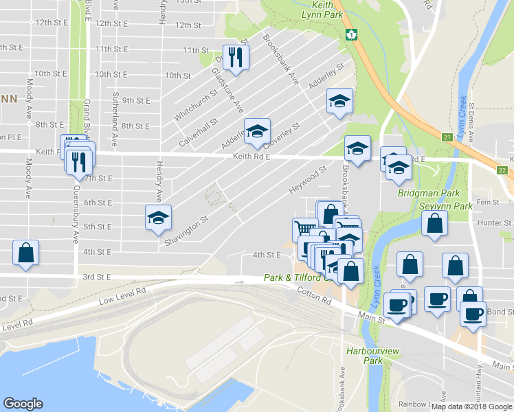 map of restaurants, bars, coffee shops, grocery stores, and more near 1124 Heywood Street in North Vancouver