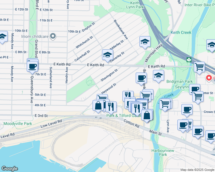 map of restaurants, bars, coffee shops, grocery stores, and more near 1124 Heywood Street in North Vancouver