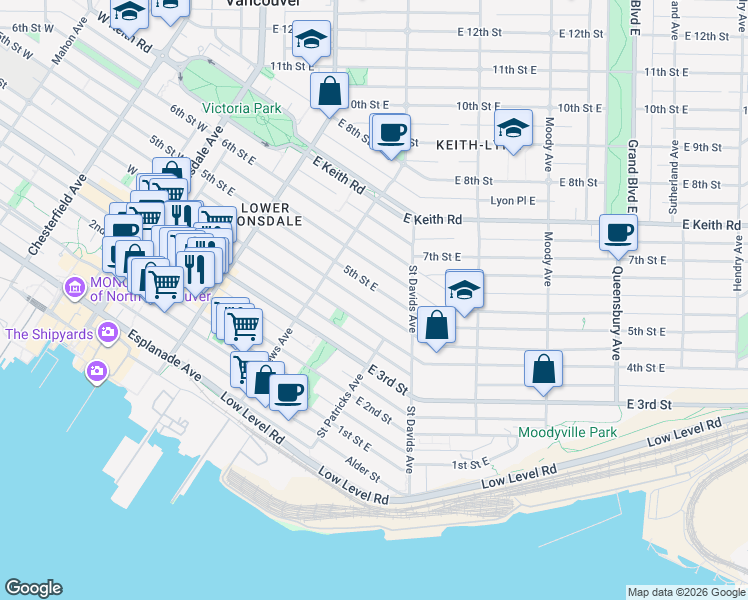map of restaurants, bars, coffee shops, grocery stores, and more near 353 5th Street East in North Vancouver