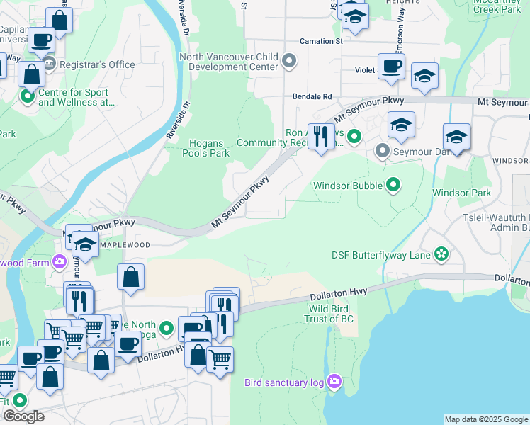 map of restaurants, bars, coffee shops, grocery stores, and more near 550 Browning Place in North Vancouver