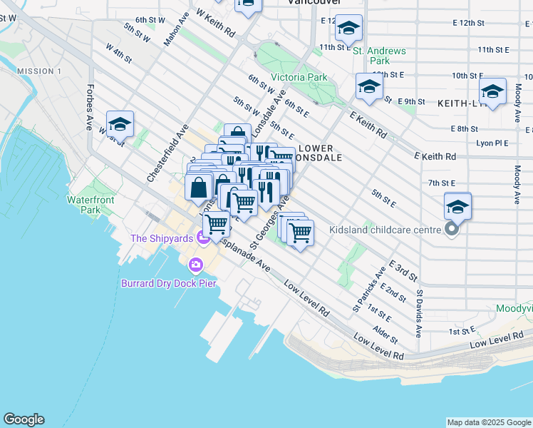 map of restaurants, bars, coffee shops, grocery stores, and more near 145 Saint Georges Avenue in North Vancouver