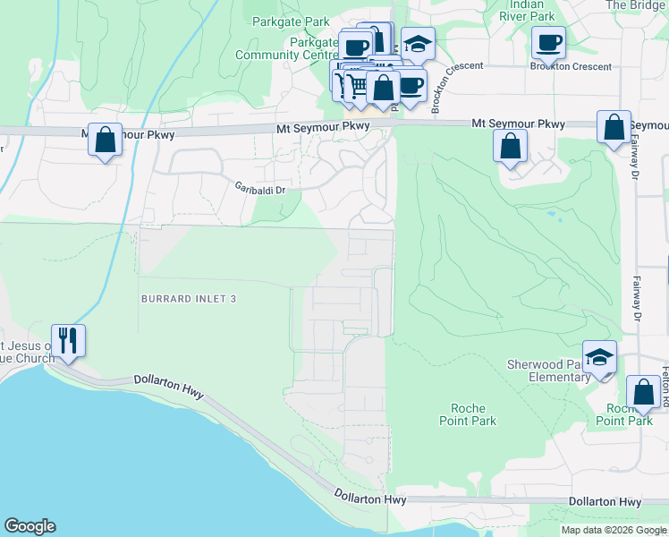 map of restaurants, bars, coffee shops, grocery stores, and more near 3596 Malsum Drive in North Vancouver