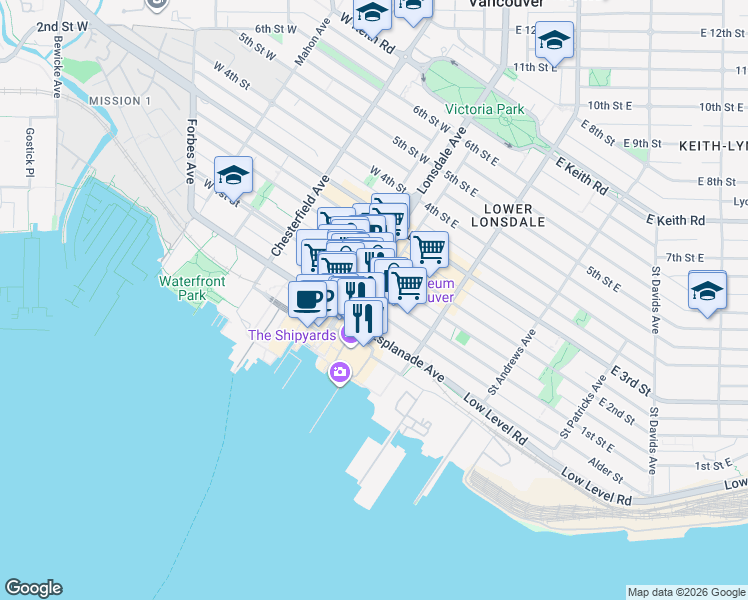 map of restaurants, bars, coffee shops, grocery stores, and more near 119 1st Street East in North Vancouver